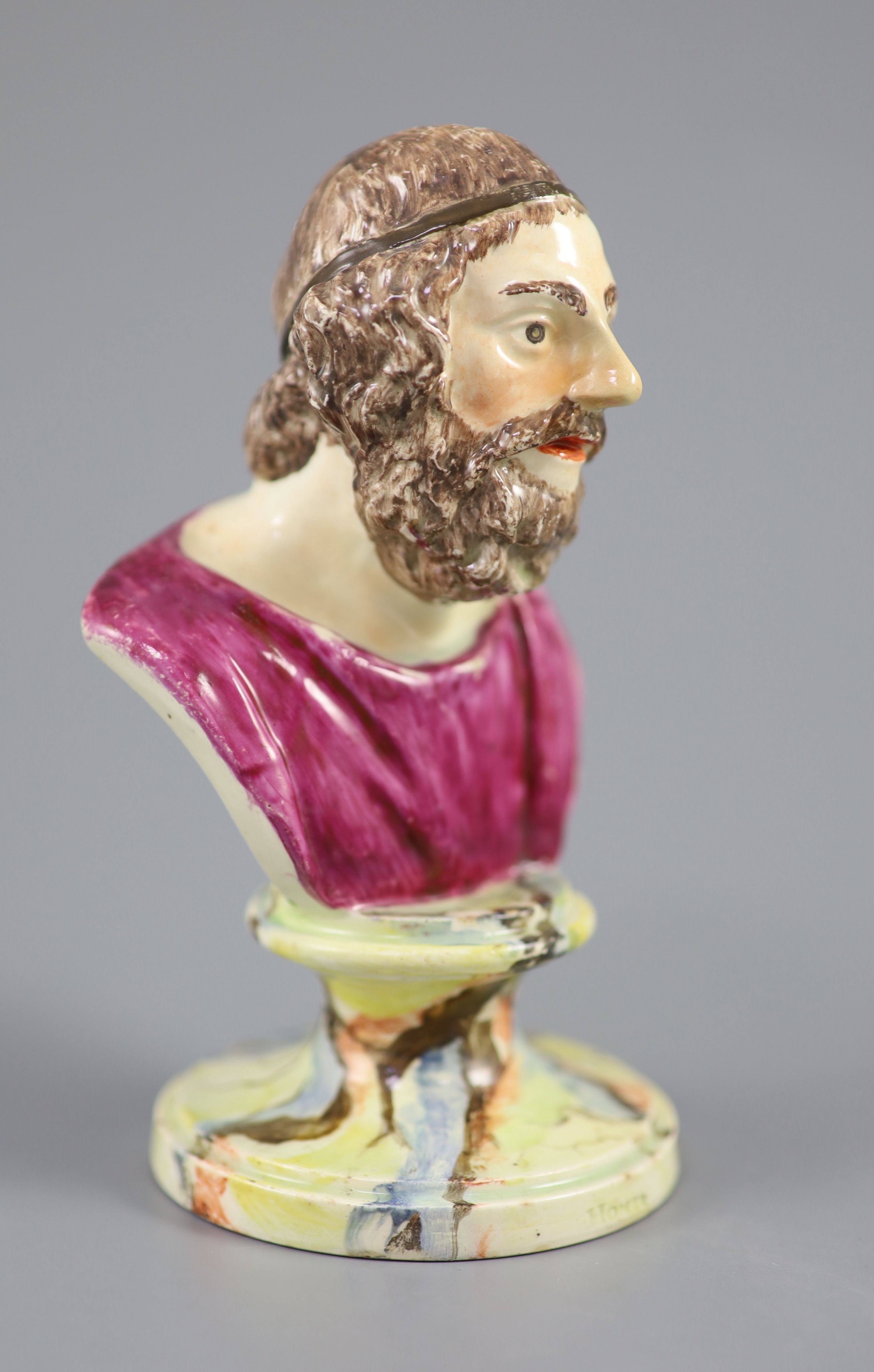 A Enoch Wood type pearlware bust of Homer, on marble base, c.1790-1800, 13cm high
